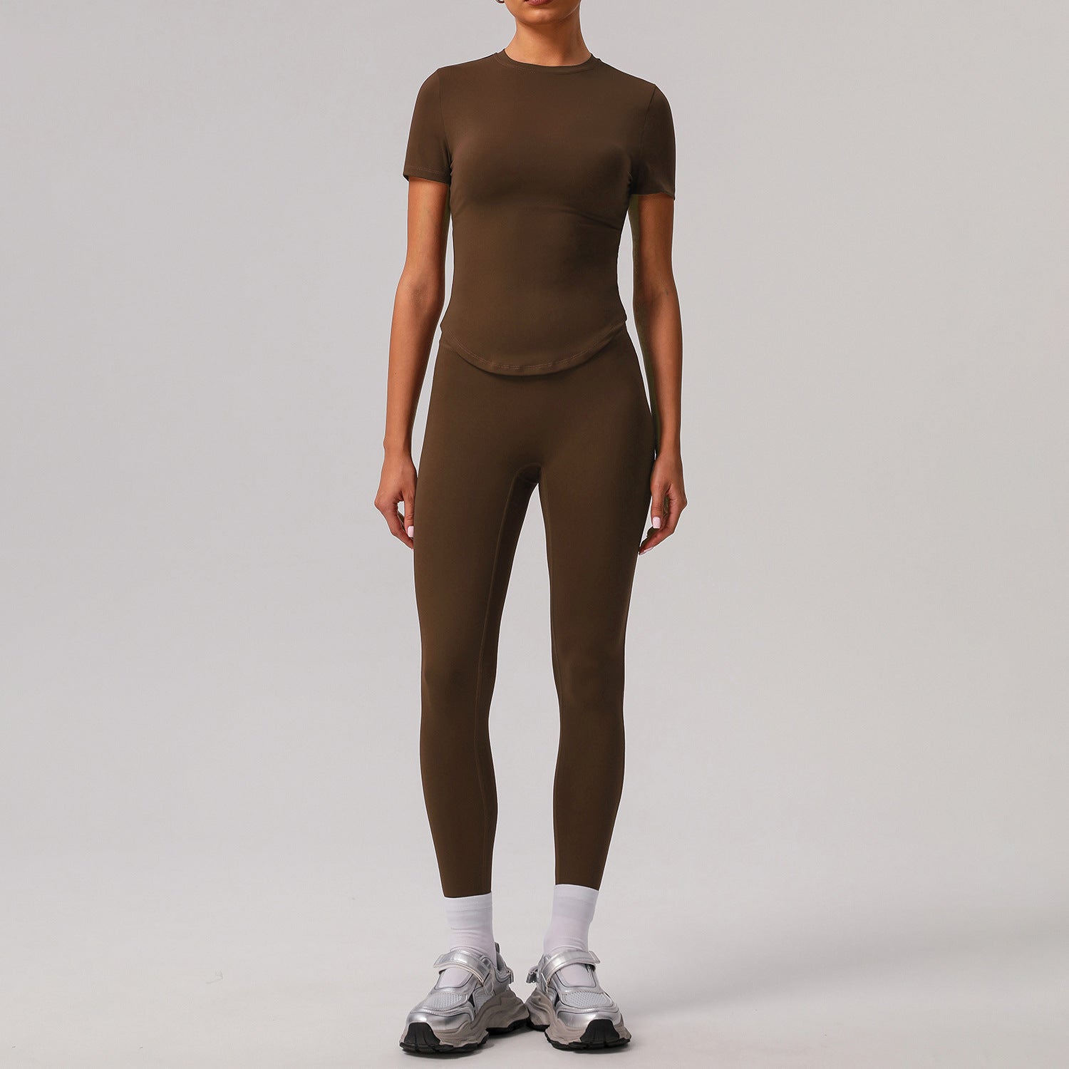 Solid color tight yoga suit quick drying fitness suit outdoor body shaping running suit women's fitness suit ﻿