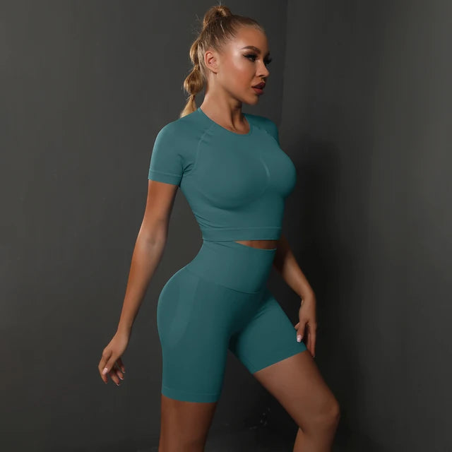 Peach buttocks solid color high elasticity yoga short sleeved shorts set fitness two-piece set