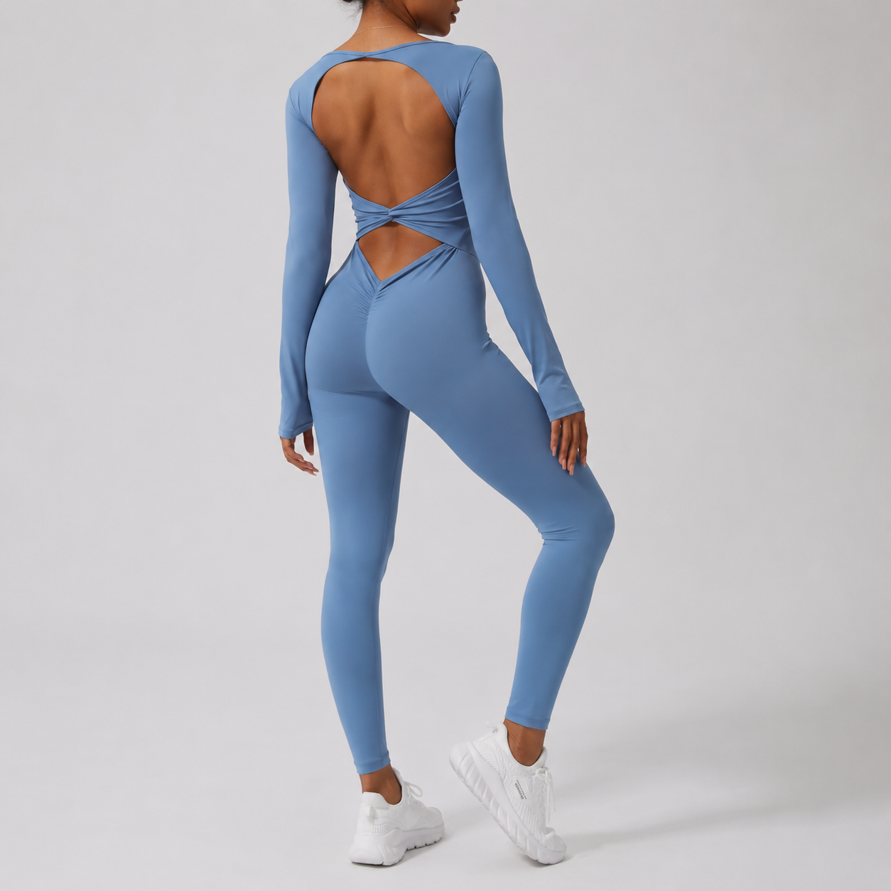 Twist Front Backless Long Sleeve Jumpsuit