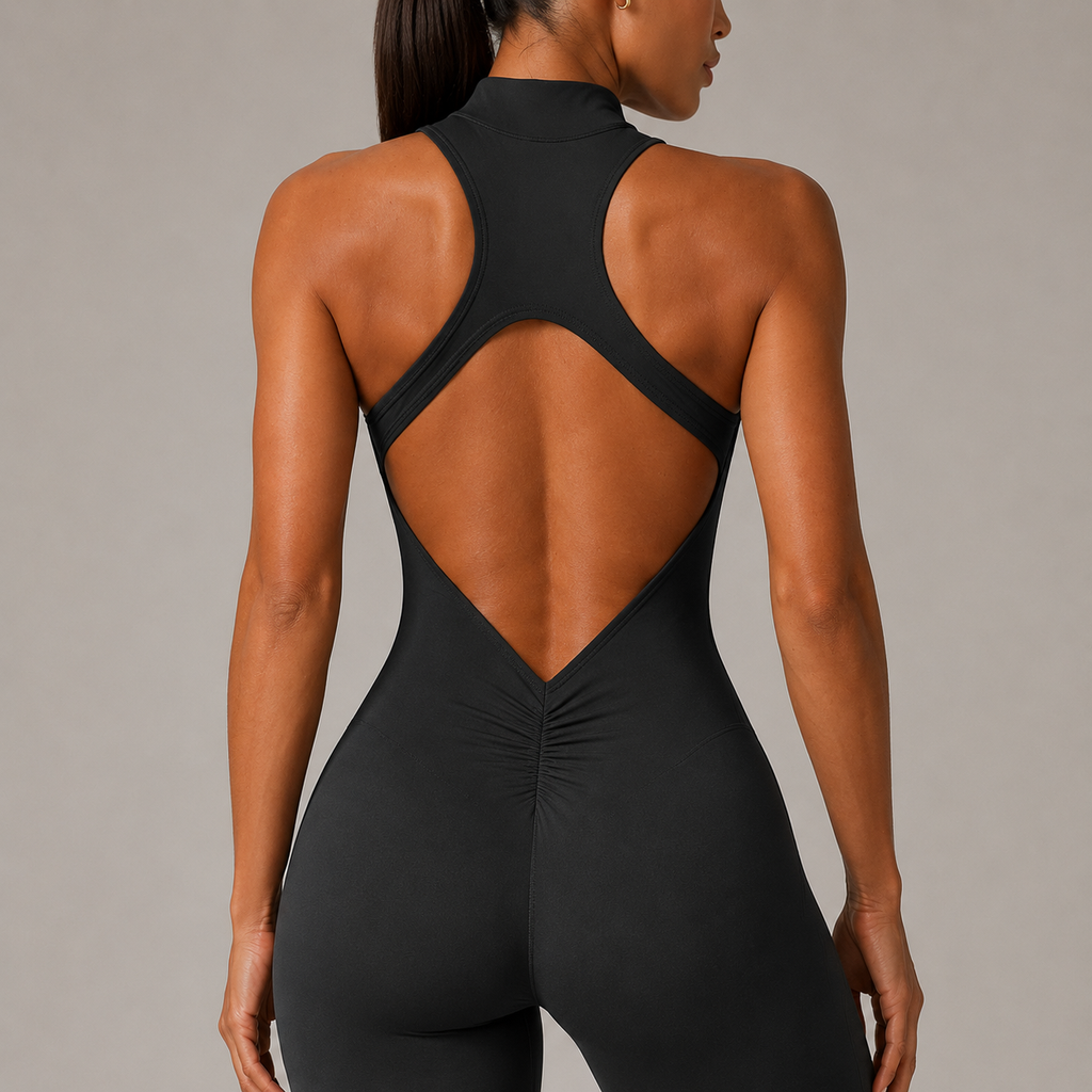 Women’s Zip Front Yoga Jumpsuit With Open Back