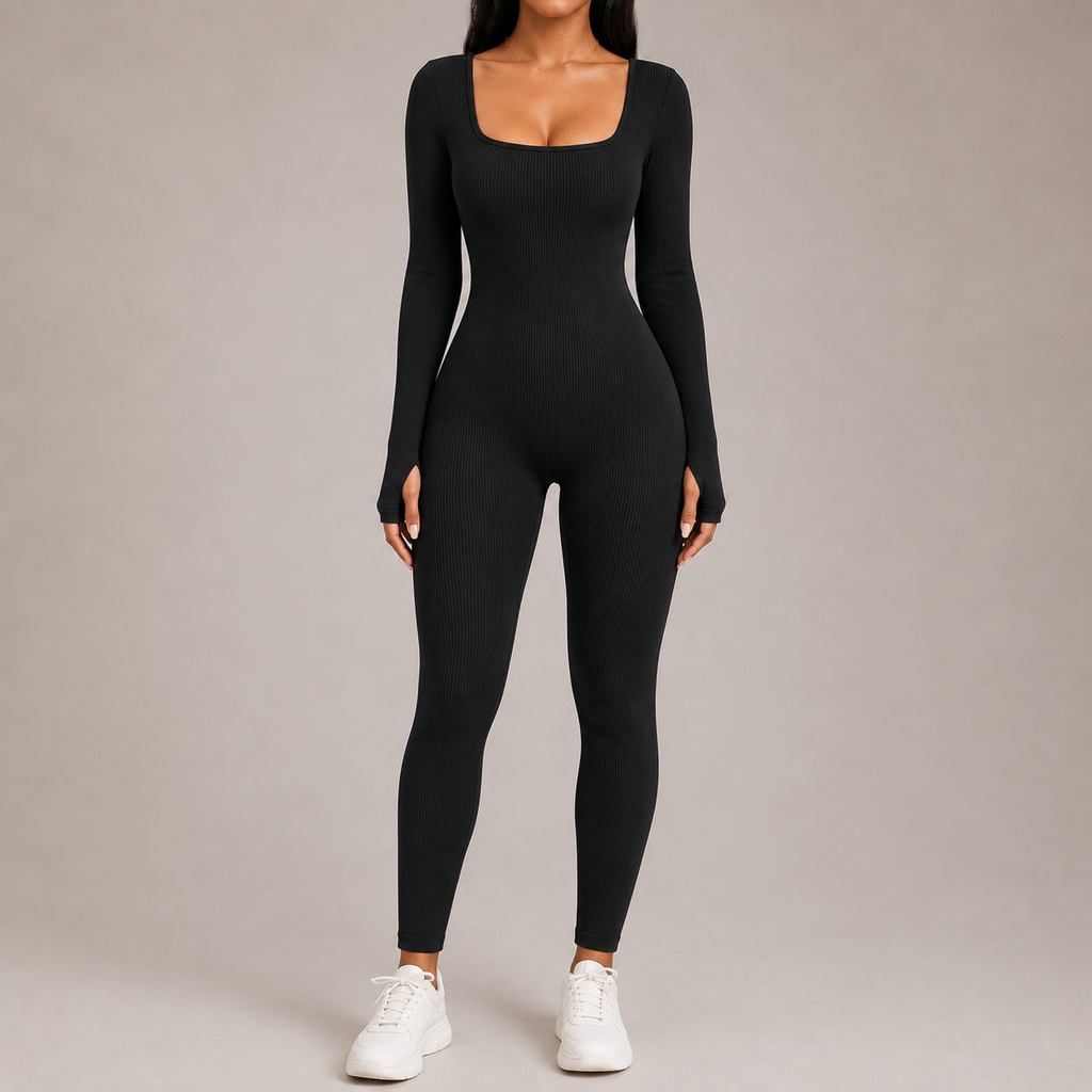 Women’s Square Neck Bodycon Jumpsuit – Stretch Slim Fit