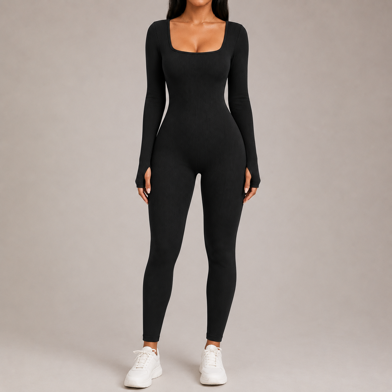 Women’s Square Neck Bodycon Jumpsuit – Stretch Slim Fit