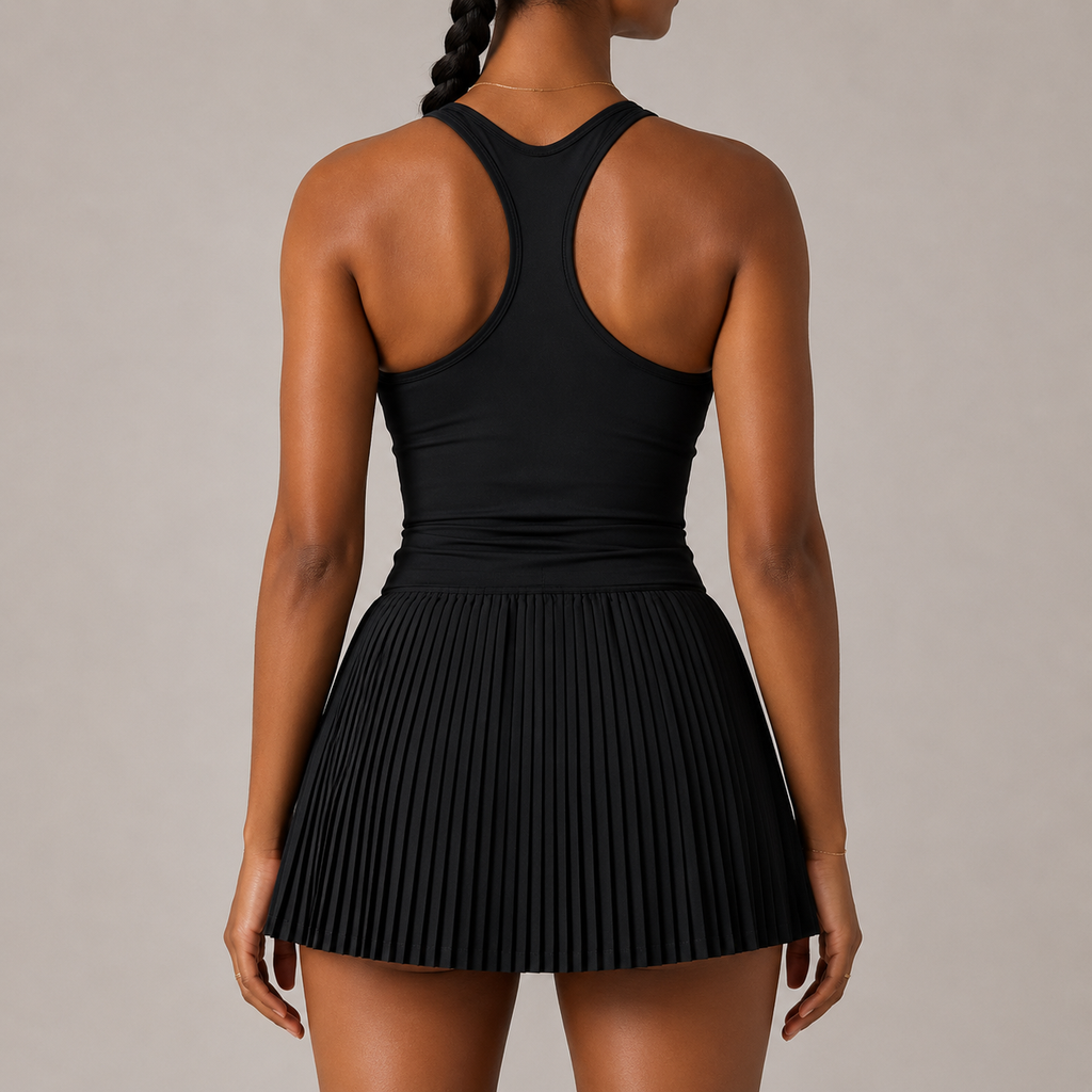 High Waist Sheer Tennis Skirt Set With Sports Bra