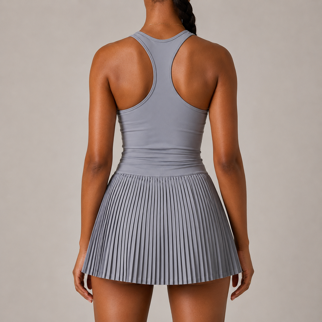 High Waist Sheer Tennis Skirt Set With Sports Bra