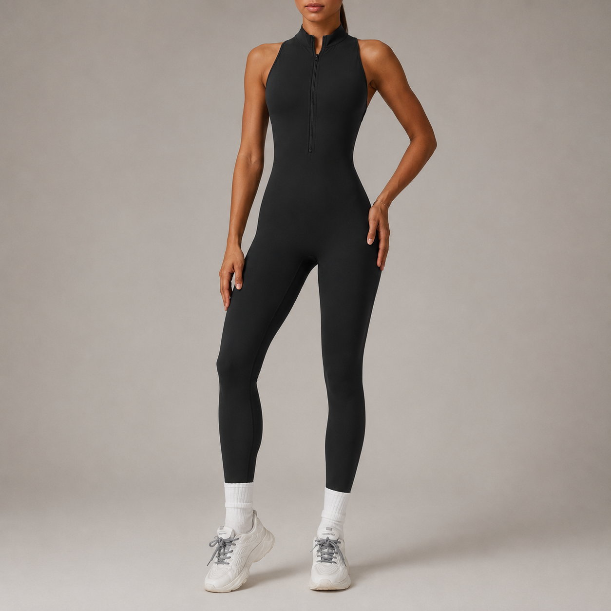 Women’s Zip Front Yoga Jumpsuit With Open Back