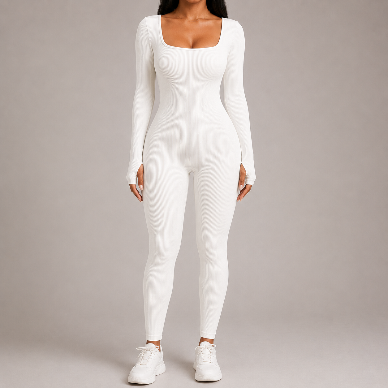 Women’s Square Neck Bodycon Jumpsuit – Stretch Slim Fit