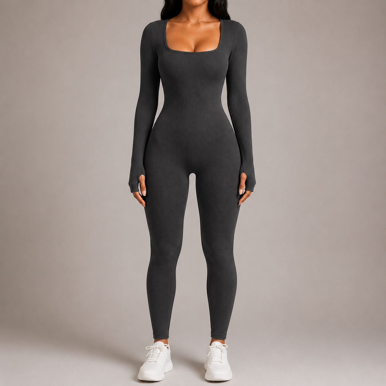 Women’s Square Neck Bodycon Jumpsuit – Stretch Slim Fit