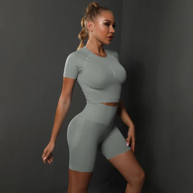 Peach buttocks solid color high elasticity yoga short sleeved shorts set fitness two-piece set