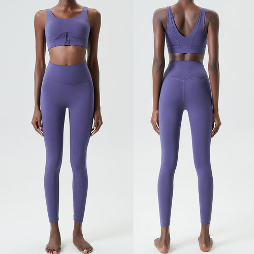 Cross-border zippered yoga clothing set for women, elastic large size running sports fitness clothing two-piece set Lycra quick-