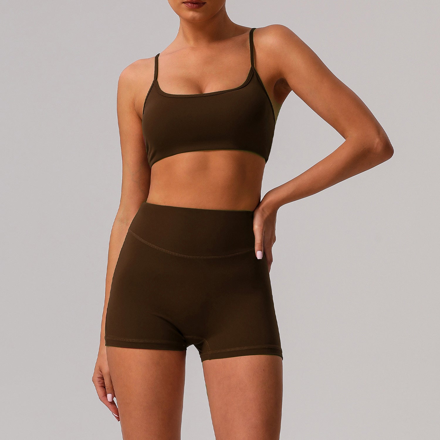 Solid color tight yoga suit quick drying fitness suit outdoor body shaping running suit women's fitness suit ﻿