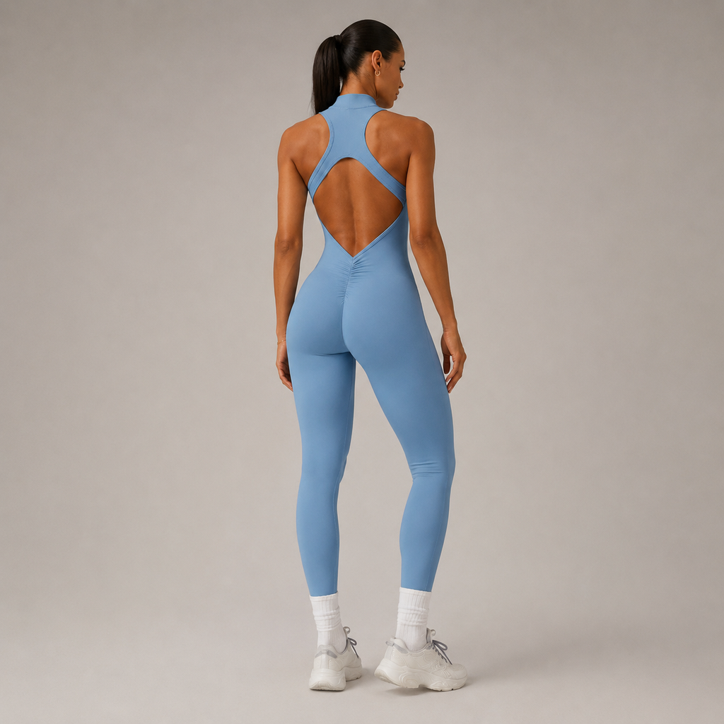 Women’s Zip Front Yoga Jumpsuit With Open Back