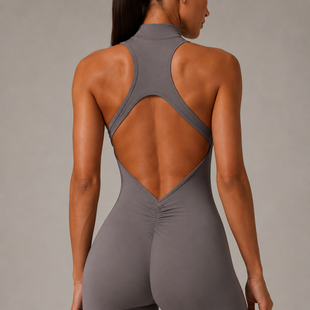 Women’s Zip Front Yoga Jumpsuit With Open Back
