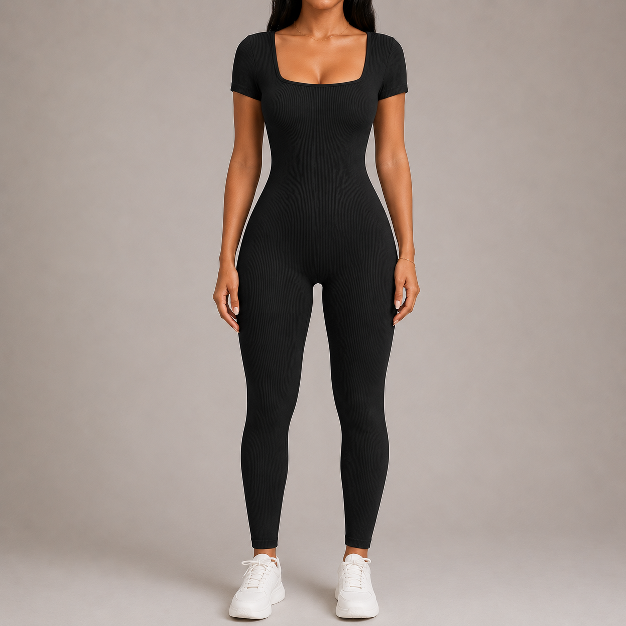 Women’s Square Neck Bodycon Jumpsuit – Stretch Slim Fit