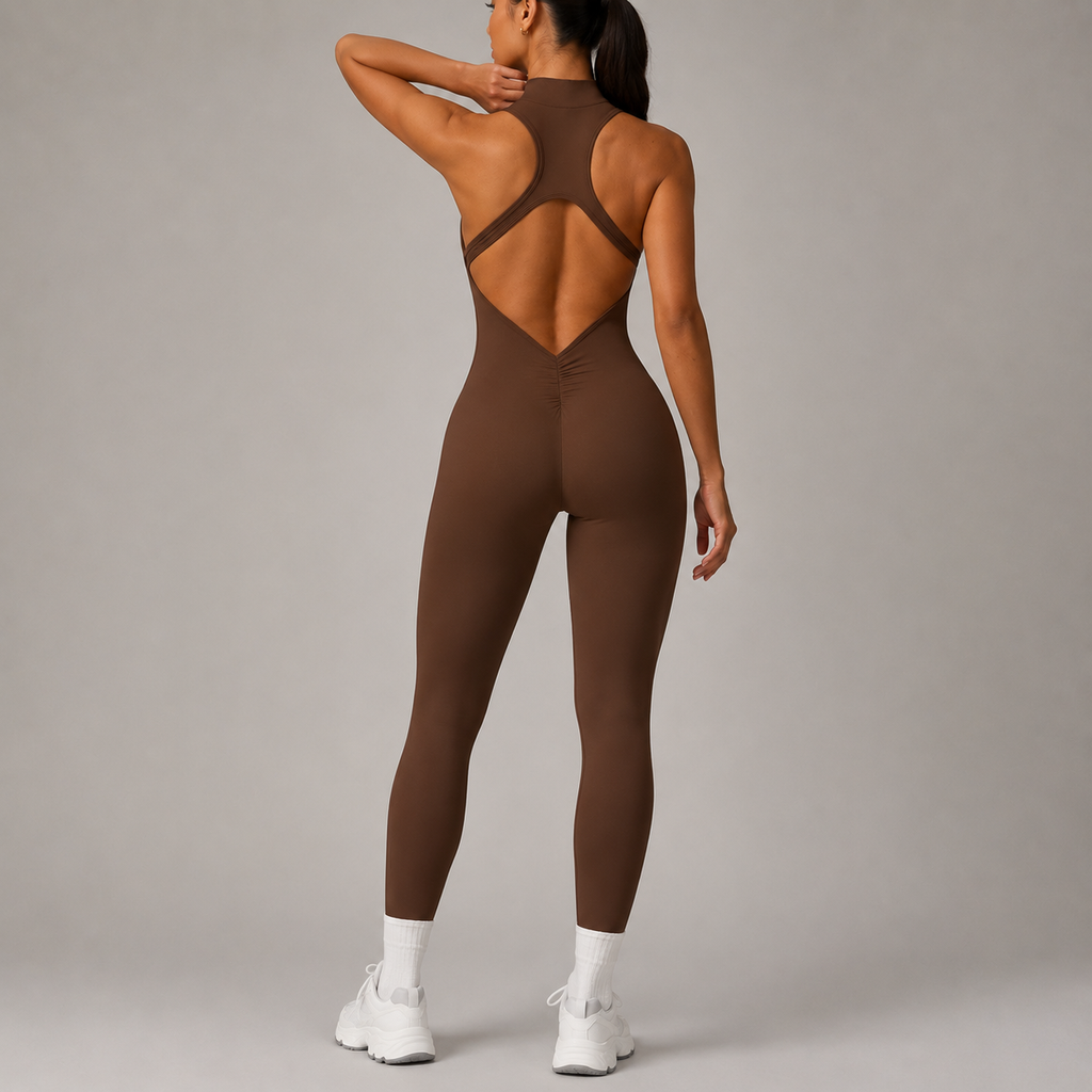 Women’s Zip Front Yoga Jumpsuit With Open Back