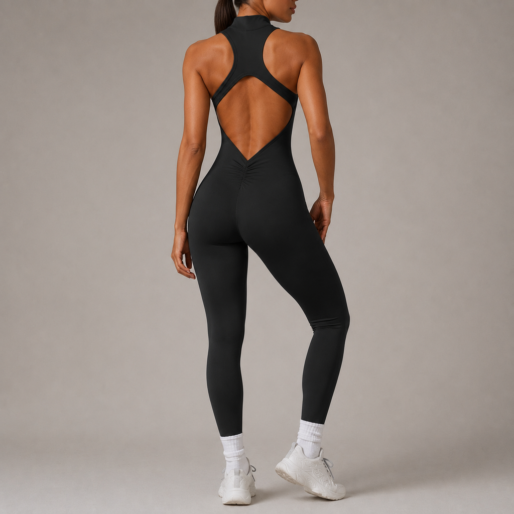 Women’s Zip Front Yoga Jumpsuit With Open Back
